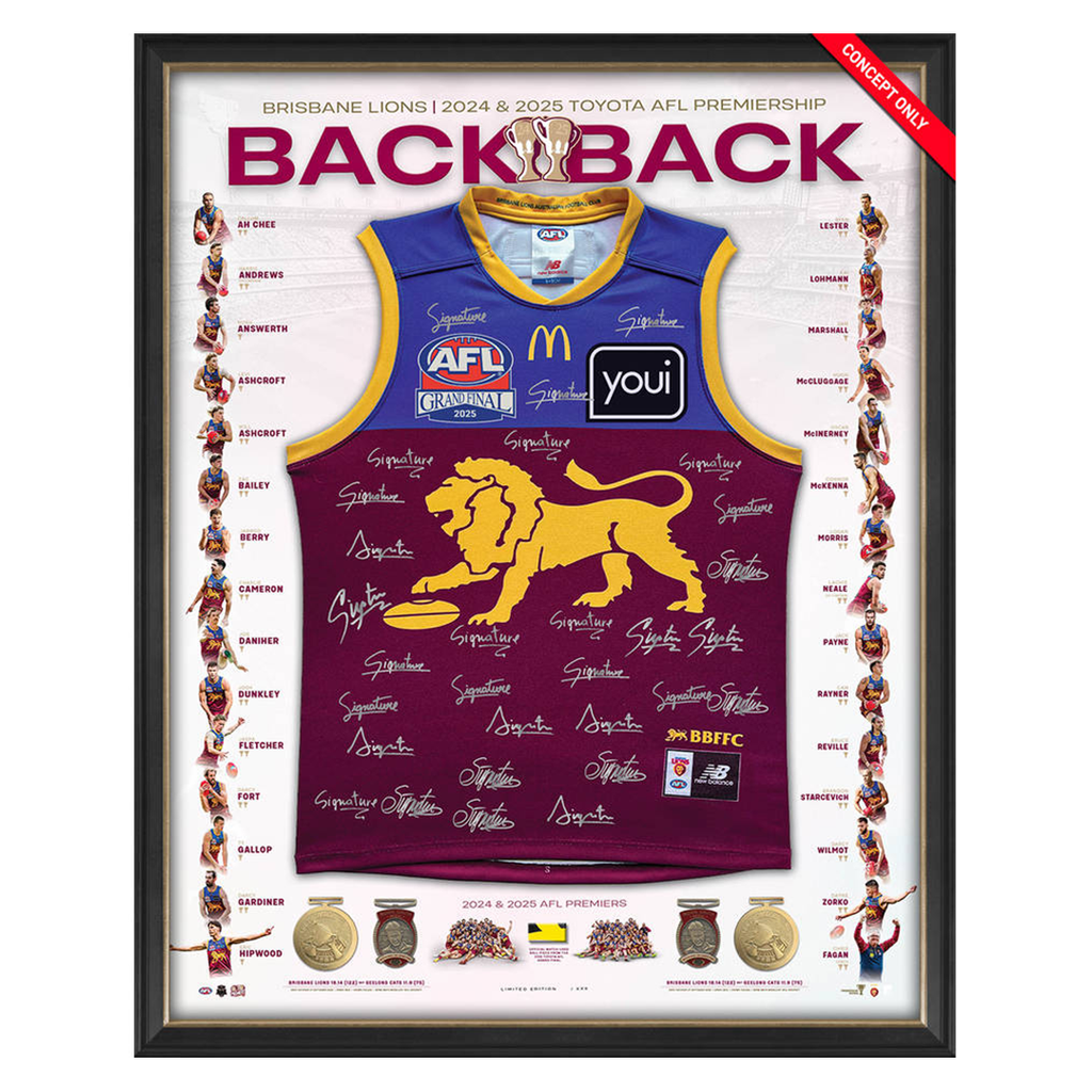Brisbane Lions Back to Back 2024 & 2025 Team Signed Framed Guernsey Framed - 7285