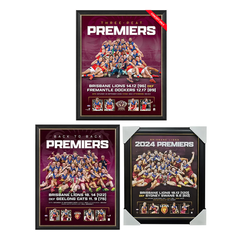Brisbane Lions Package 2026, 2025 & 2024 AFL Premiers Official Sportsprint Framed - 7659