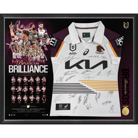 Brisbane Broncos Signed 2025 Premiers Official NRL White Deluxe Jersey Framed - 7331