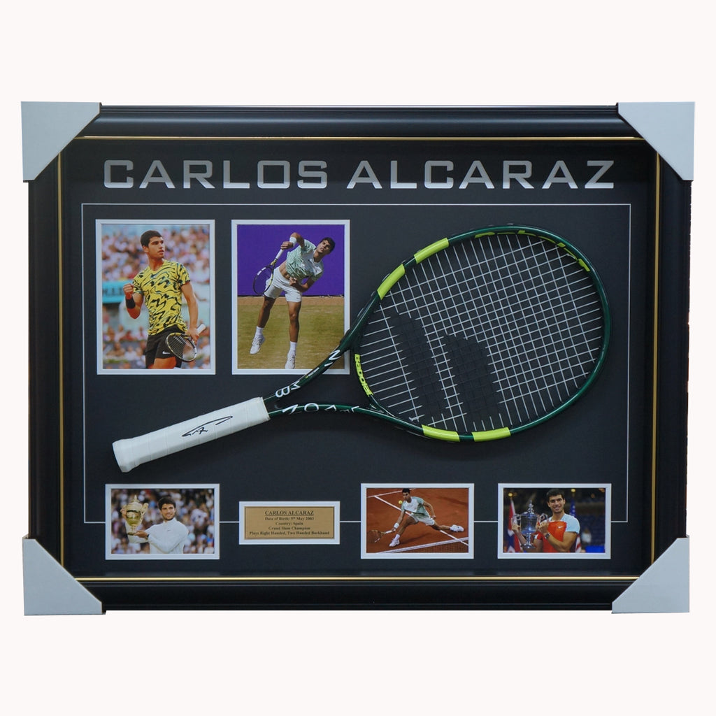 Carlos Alcaraz Grand Slam Champion Signed Tennis Racket With Photos Framed + COA - 5467