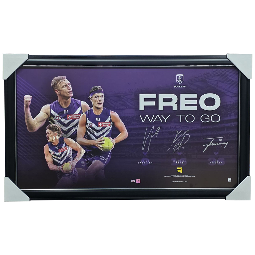 Fremantle Triple Signed Official AFL Lithograph Framed Treacy Jackson Reid - 7562