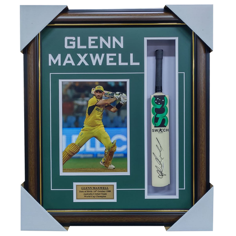 Glenn Maxwell Signed Cricket Mini Bat Collage Framed - 7364