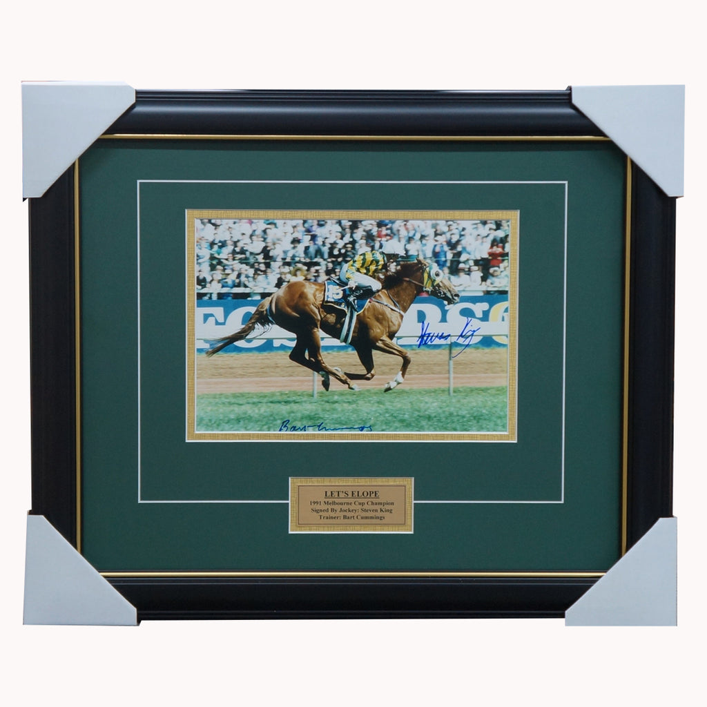 Let's Elope Dual Signed Horse Racing Photo Framed 1991 Melbourne Cup Champion King & Cummings - 5191