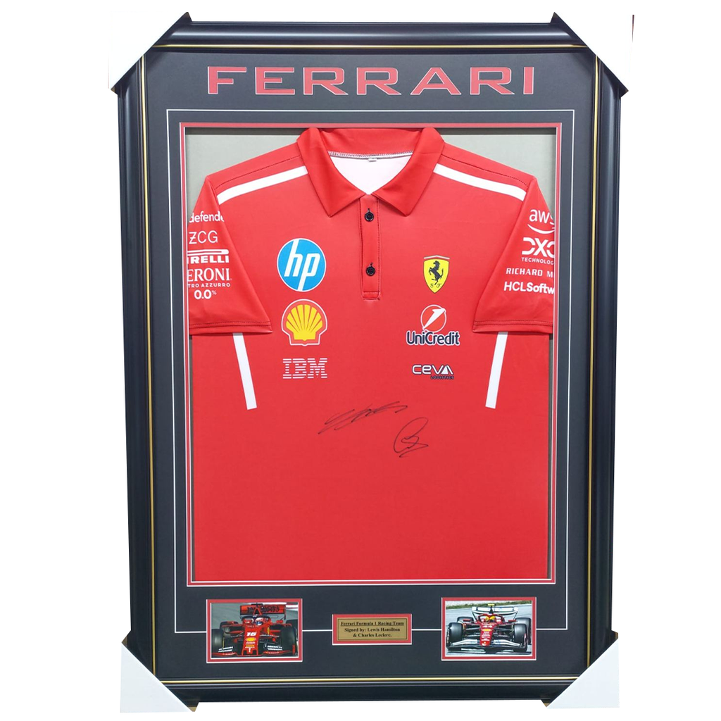 Lewis Hamilton & Charles Leclerc Dual Signed Ferrari Jersey Framed - 7563