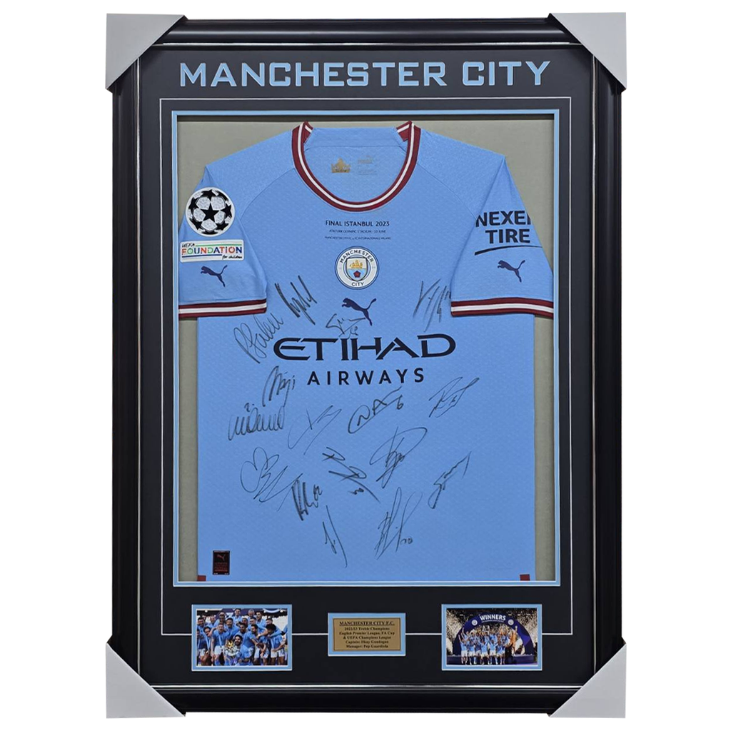 Manchester City Signed 2022/23 Team Jersey Framed Haaland EPL & UEFA Champions - 5479