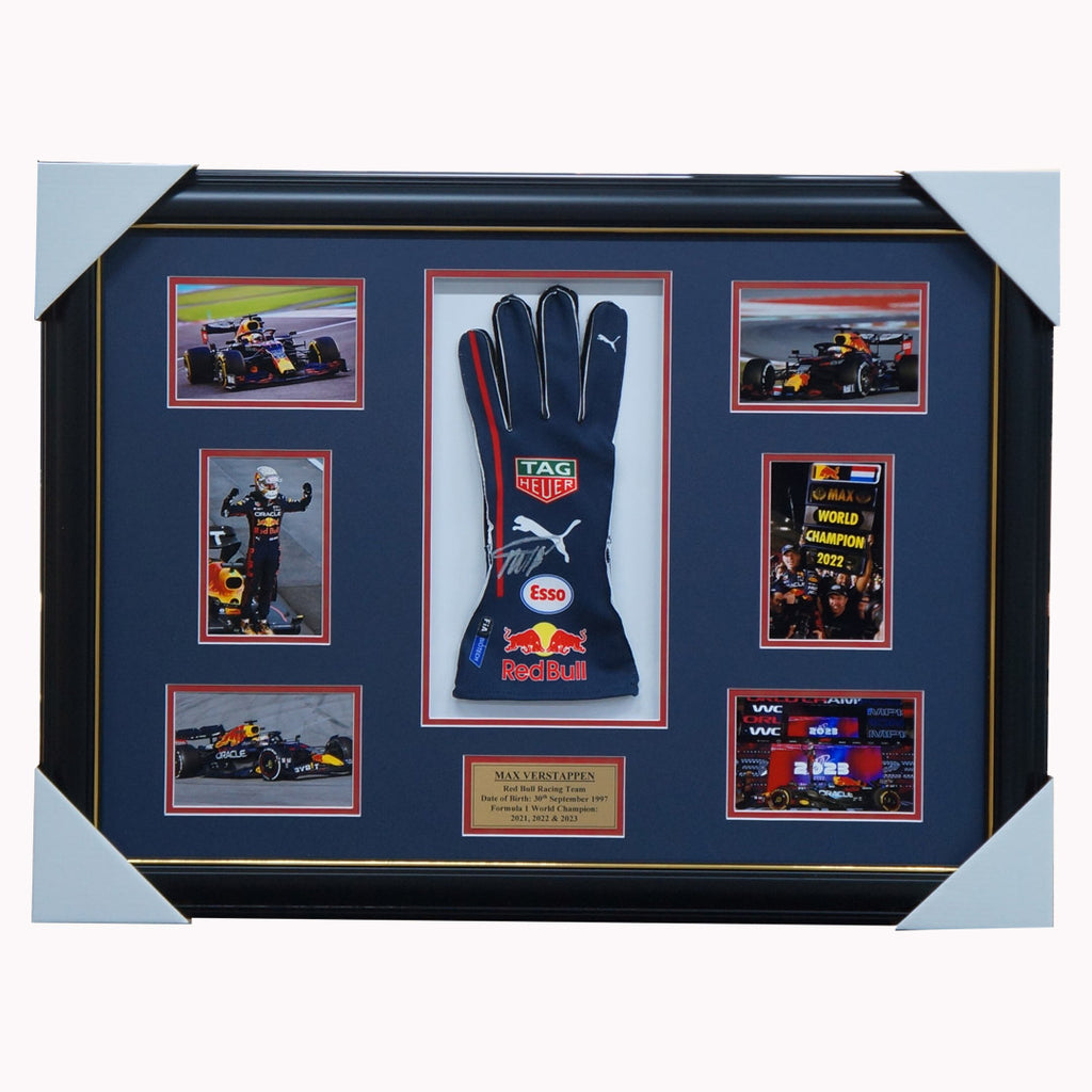Max Verstappen Red Bull Signed Glove Photo Collage Framed F1 World Champion 2023 - 5770