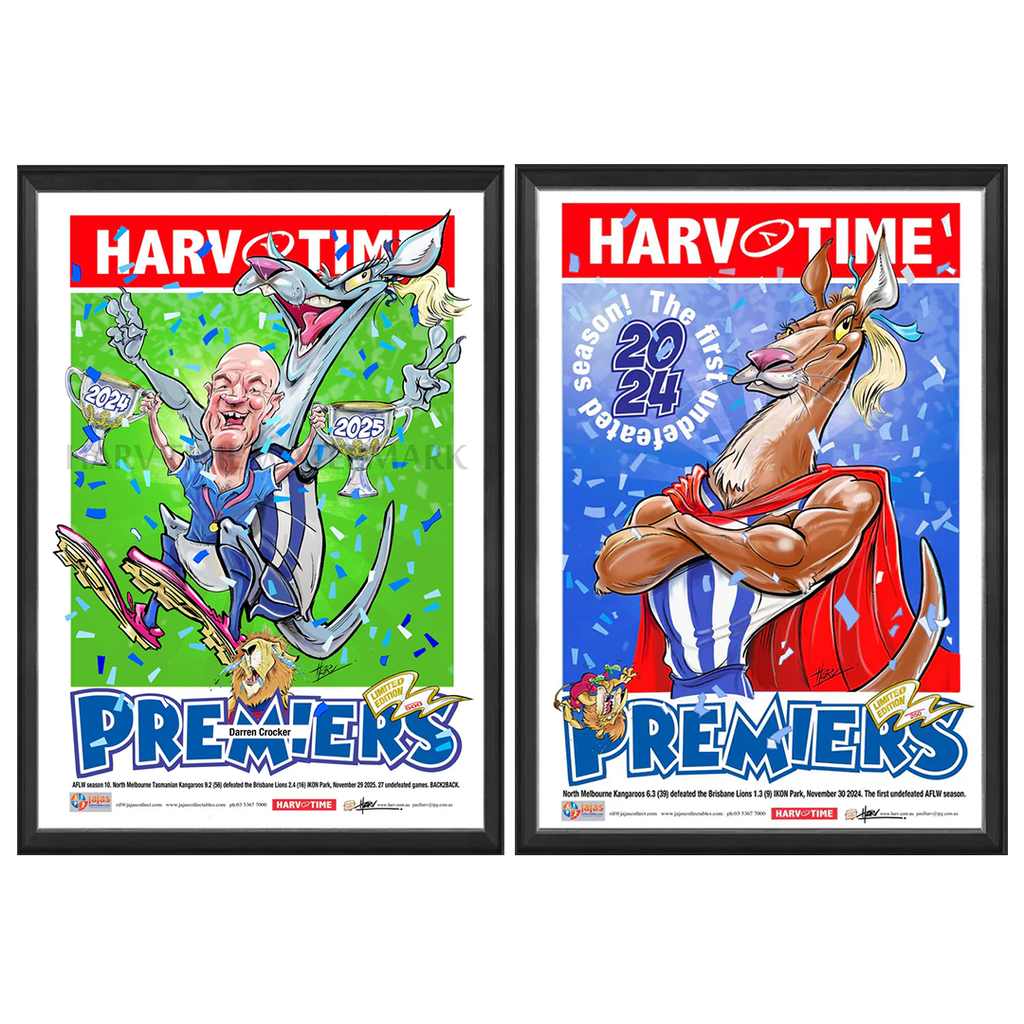 North Melbourne Kangaroos 2025 & 2024 AFLW Premiers, Harv Time Print Framed - 7348