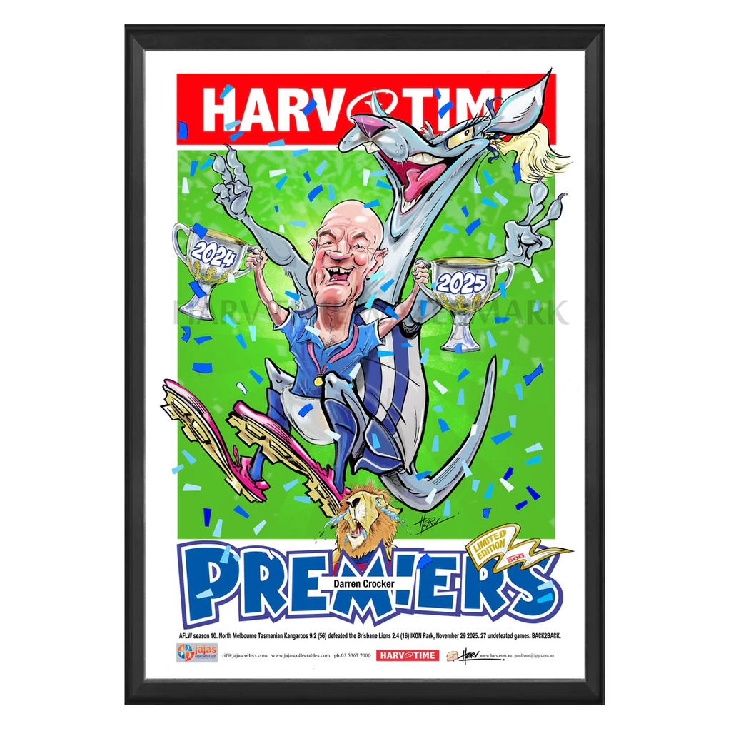 North Melbourne Tasmanian Kangaroos 2025 AFLW Premiers, Harv Time Print Framed - 7346