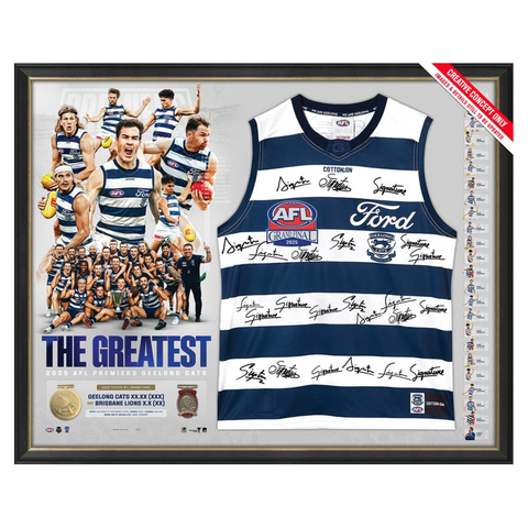 PRE-ORDER Geelong 2025 Premiership Team Signed Guernsey Framed - 7259
