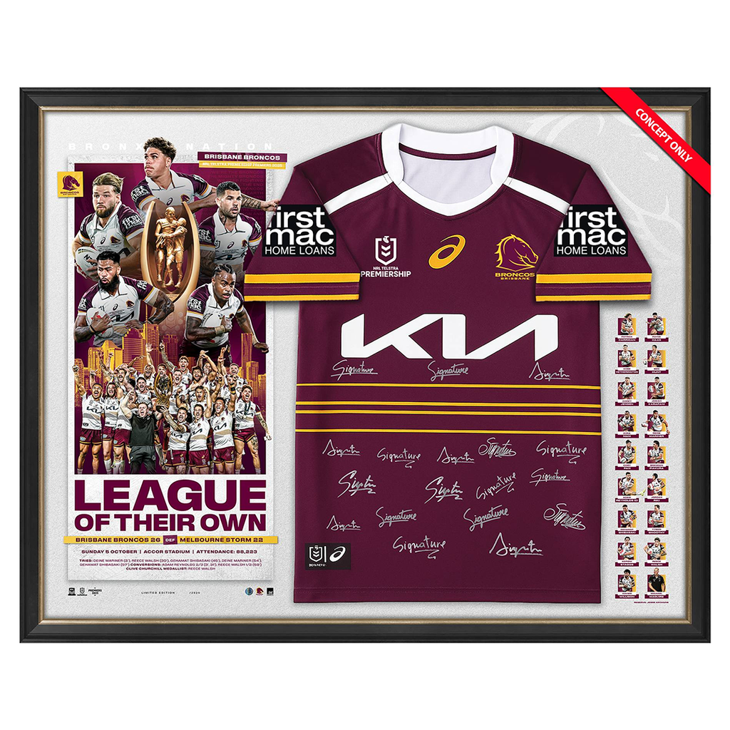 PRE-ORDER Brisbane Broncos 2025 Premiership Team Signed Jersey Framed - 7290