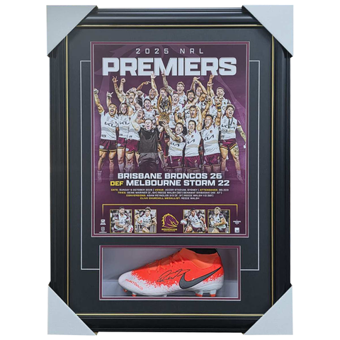Reece Walsh Brisbane Broncos Signed Boot Framed 2025 Premiers - 7354