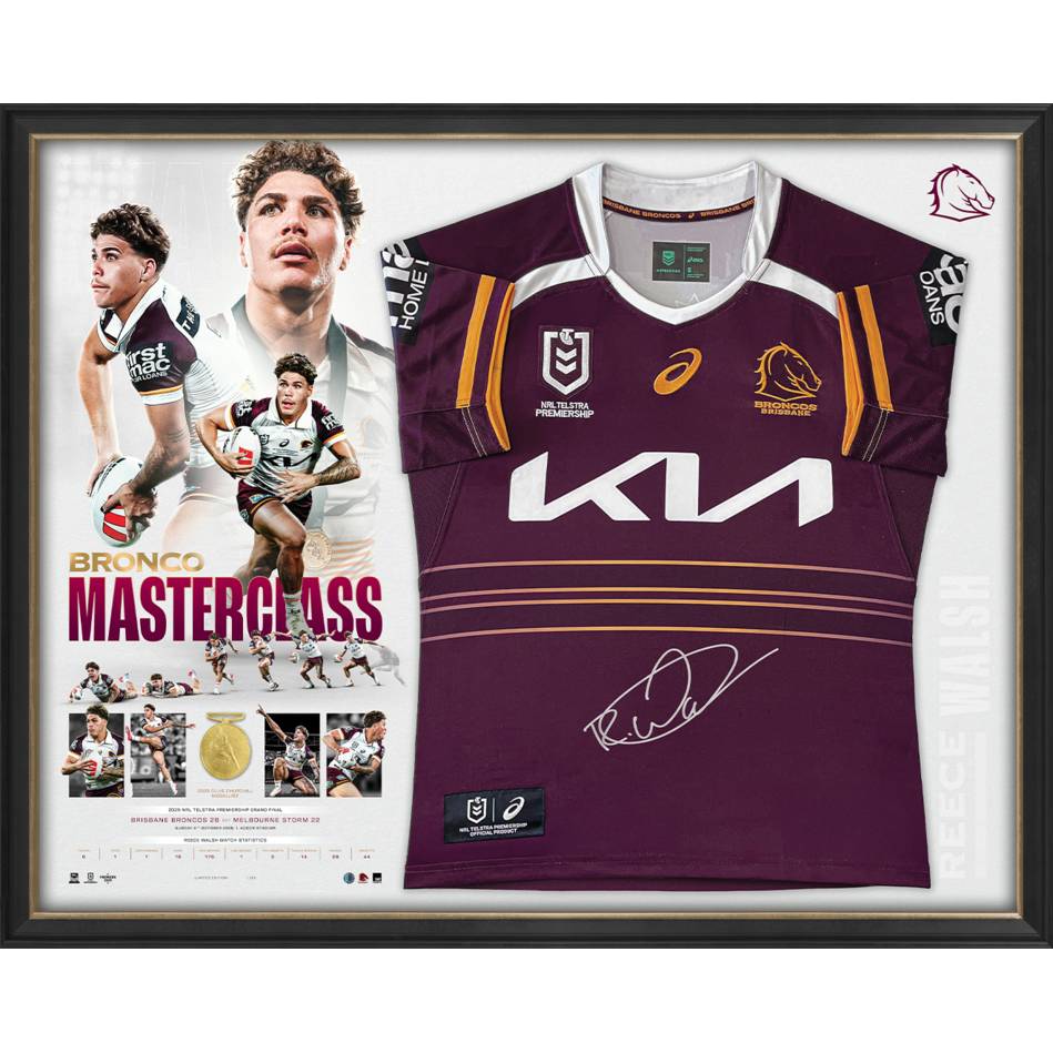 Reece Walsh Signed 2025 NRL Premiers Official Brisbane Broncos Jersey Display Framed - 7302