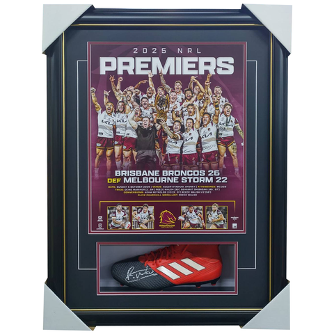 Reece Walsh Brisbane Broncos Signed Boot Framed 2025 Premiers - 7354