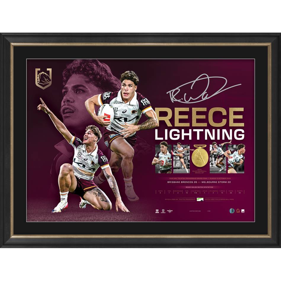 Reece Walsh Signed Official NRL 2025 Clive Churchill Medallist Lithograph Framed - 7303