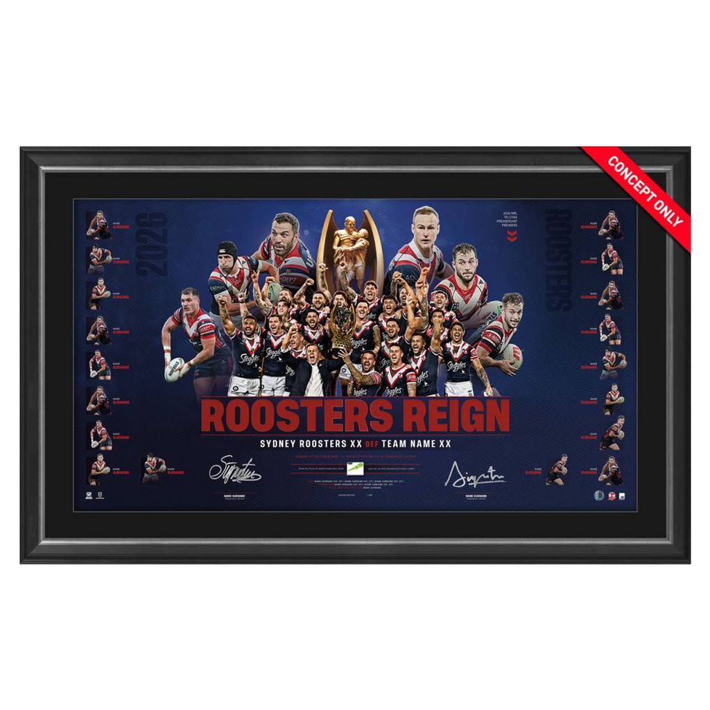 Sydney Roosters 2026 NRL Premiers Dual Signed Tedesco & Nawaqanitawase Official Lithograph Framed - 7665