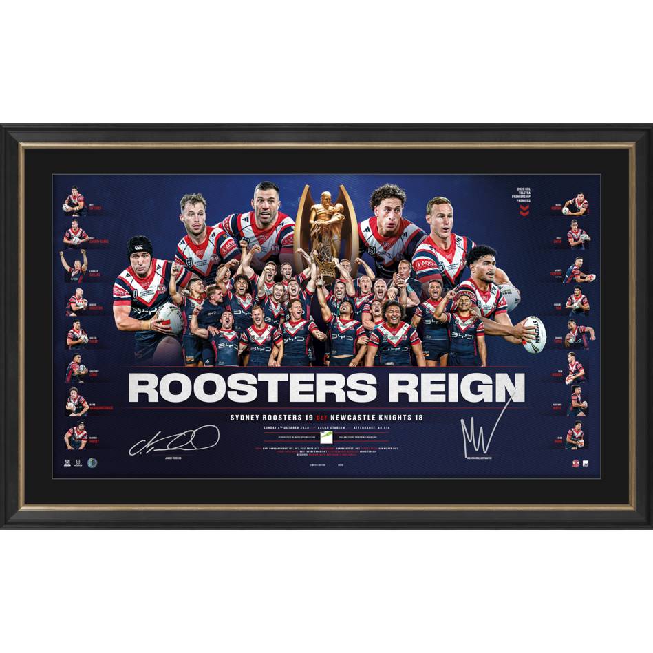 Sydney Roosters 2026 NRL Premiers Dual Signed Tedesco & Nawaqanitawase Official Lithograph Framed - 7665