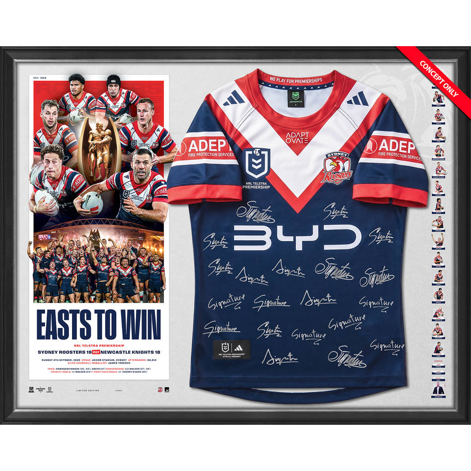 Sydney Roosters 2026 NRL Premiers Official Team Signed Jersey Framed - 7667