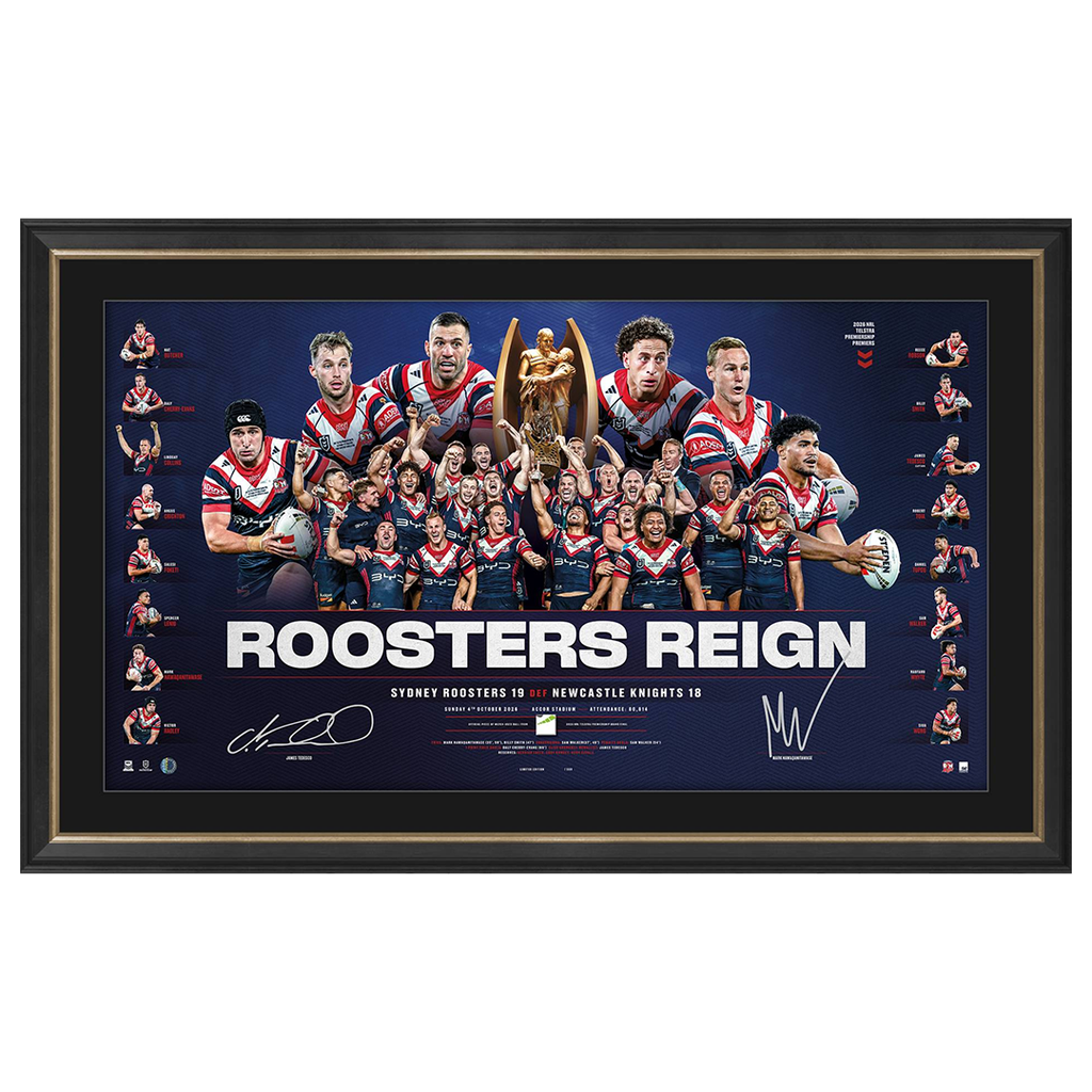 Sydney Roosters 2026 NRL Premiers Dual Signed Tedesco & Nawaqanitawase Official Lithograph Framed - 7665