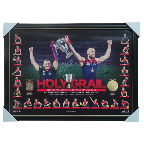 Triple Signed Melbourne Demons 2021 AFL Premiers Holy Grail Deluxe Lithograph Framed - 7199