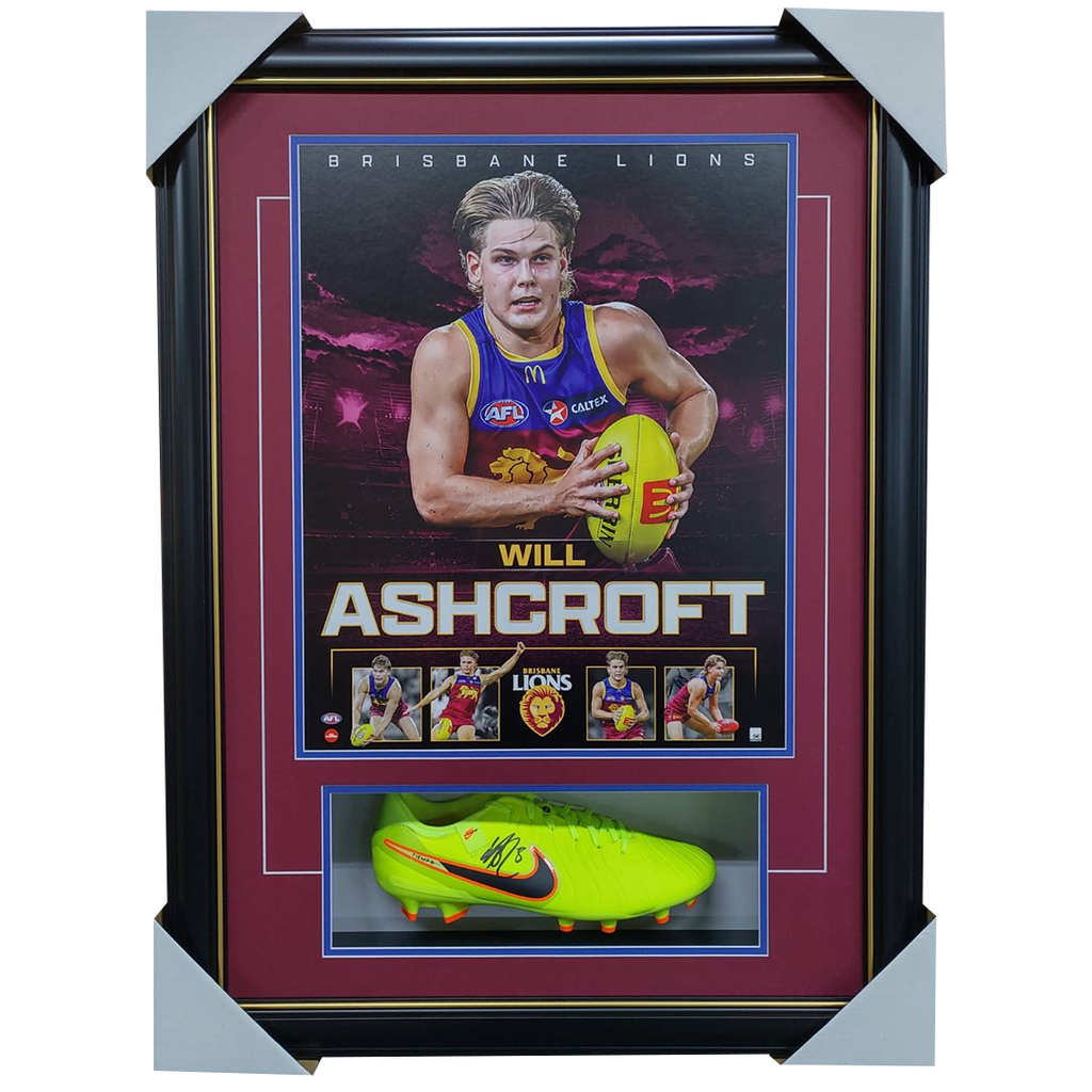 Will Ashcroft Brisbane Lions Signed Boot Collage Framed Norm Smith Medallist AFL Premiers - 7681