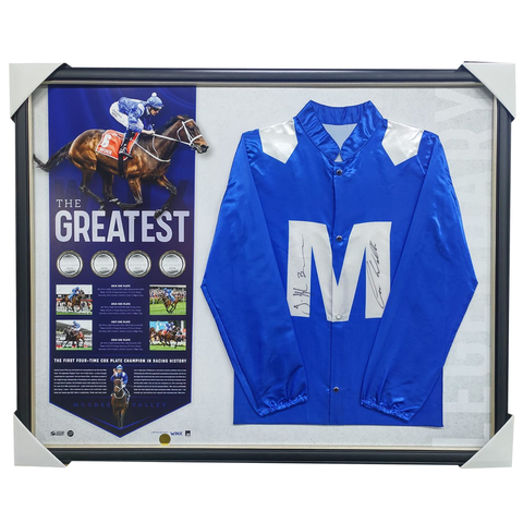 Winx Signed 2018 Cox Plate Champions Official Silks Framed + 4 Cox Plates - 3539