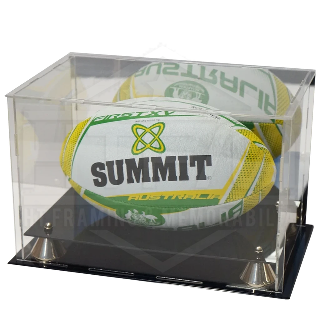 Deluxe acrylic Rugby Union Ball display case with gold risers and mirror back finish - 3603