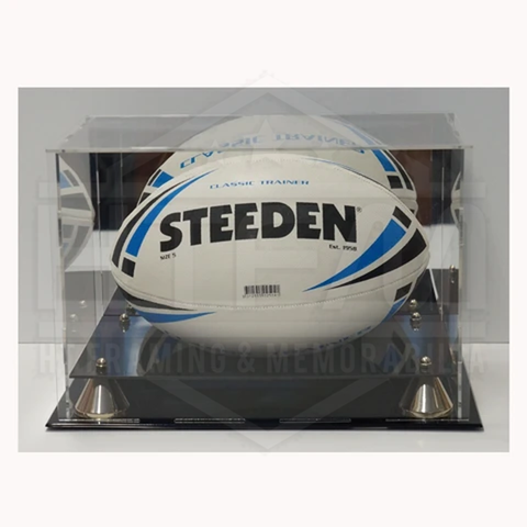 NRL Rugby Ball Deluxe acrylic display case with gold risers and mirror back finish - 3604