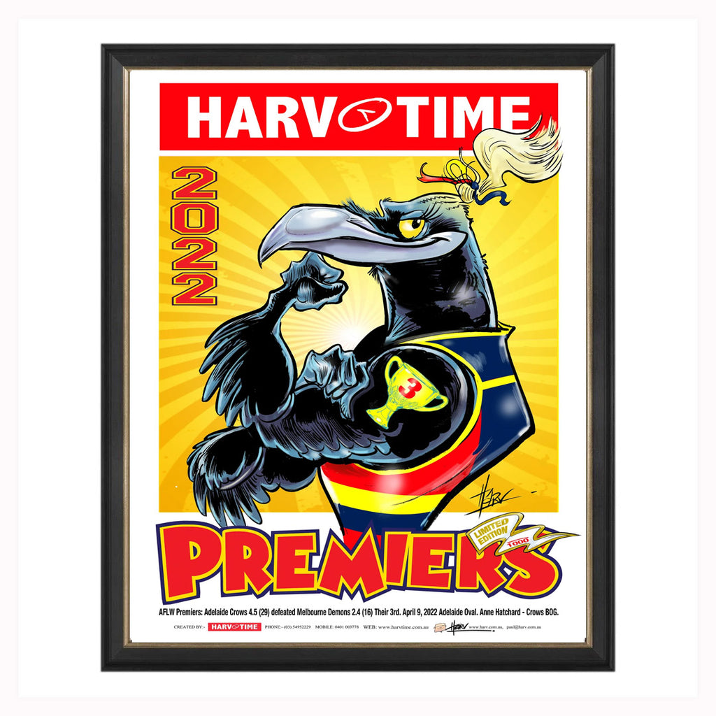 Adelaide Crows 2022 AFLW Premiers Harv Time Caricature L/E Print Framed - 5157