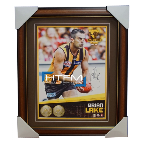 Brian Lake Signed 2014 Premiers Afl Official Hawthorn Photo Framed Norm Smith - 1983