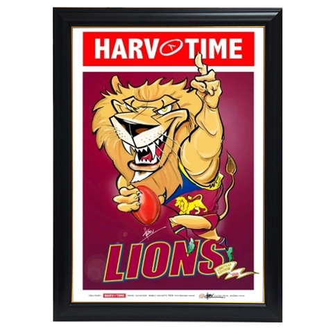 Brisbane Lions, Mascot Harv Time Print Framed - 4217
