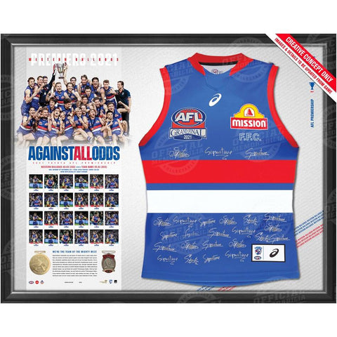 PRE-ORDER WESTERN BULLDOGS 2021 PREMIERS OFFICIAL TEAM SIGNED GUERNSEY FRAMED - 4870