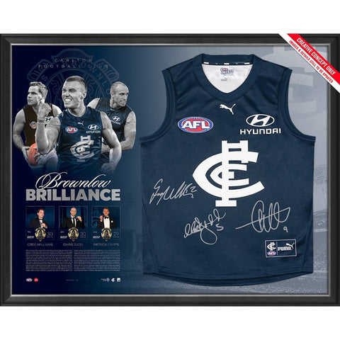 Carlton Football Club Triple Signed Official AFL Brownlow Guernsey Framed Williams Judd Cripps - 5357