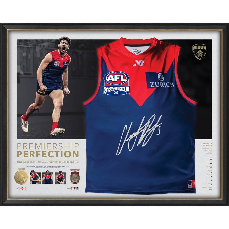 Christian Petracca Signed Melbourne Official 2021 AFL Premiers Jumper Framed Norm Smith - 4947