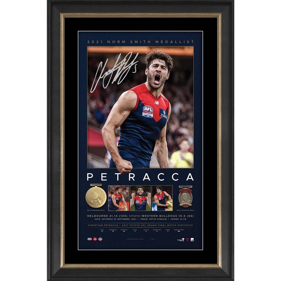 Christian Petracca Signed Melbourne 2021 AFL Premiers Lithograph Framed - 4945
