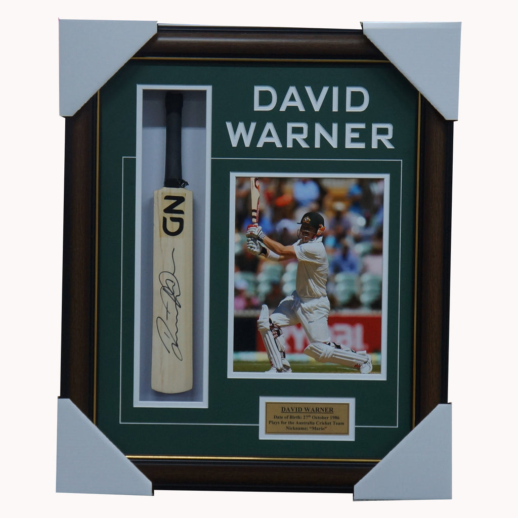 David Warner Signed Mini Bat Framed Australia - 1154 – HT Framing &  Memorabilia