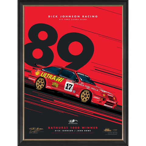 Dick Johnson signed Racing Ford Sierra RS500 1989 Bathurst 1000 Print Framed - 4521