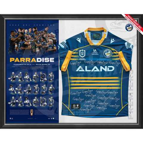 PRE-ORDER PARRAMATTA EELS 2022 PREMIERS TEAM SIGNED JERSEY FRAMED - 5297