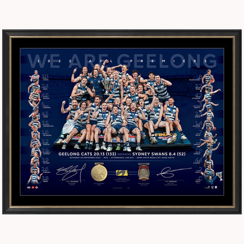 Geelong Cats 2022 AFL Premiers Official Dual Signed Lithograph Framed Selwood & Hawkins - 5282