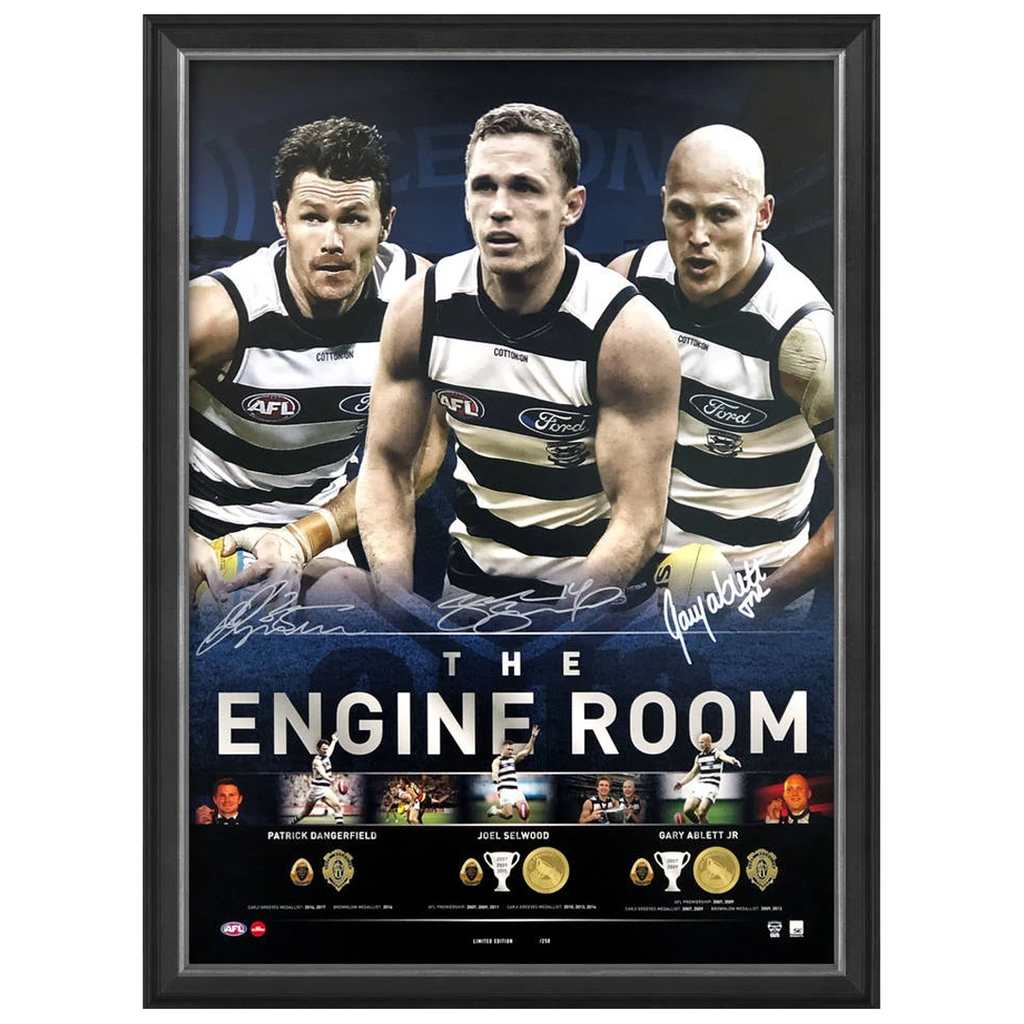 Geelong Signed the Engine Room Official Afl Print Framed Selwood Dangerfield Ablett Jnr. - 3759 Edition No.1