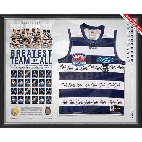 PRE-ORDER GEELONG 2022 PREMIERS OFFICIAL TEAM SIGNED GUERNSEY FRAMED - 5276