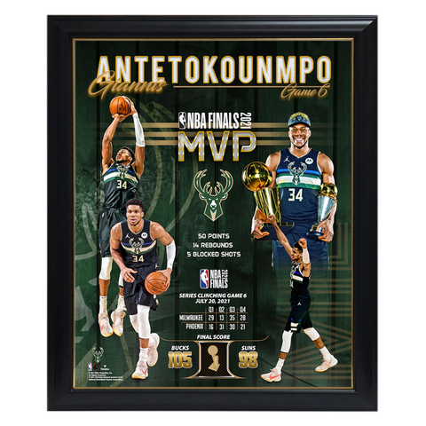 Giannis Antetokounmpo Milwaukee Bucks Unsigned 2021 Bill Russell NBA Finals MVP Collage Photograph Print Framed - 4917