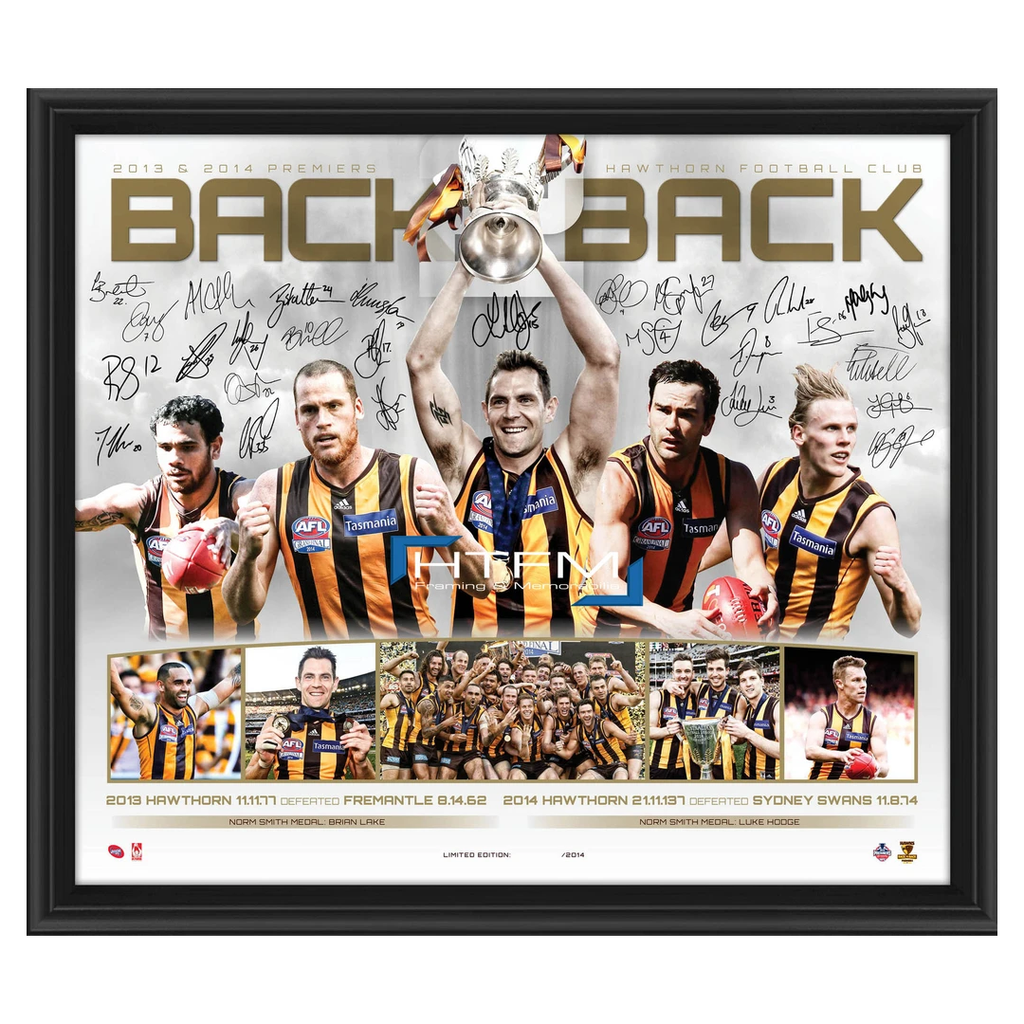 Hawthorn Hawks Signed 2014 AFL Premiers Deluxe Sports Lithograph Framed Back to Back - 1974
