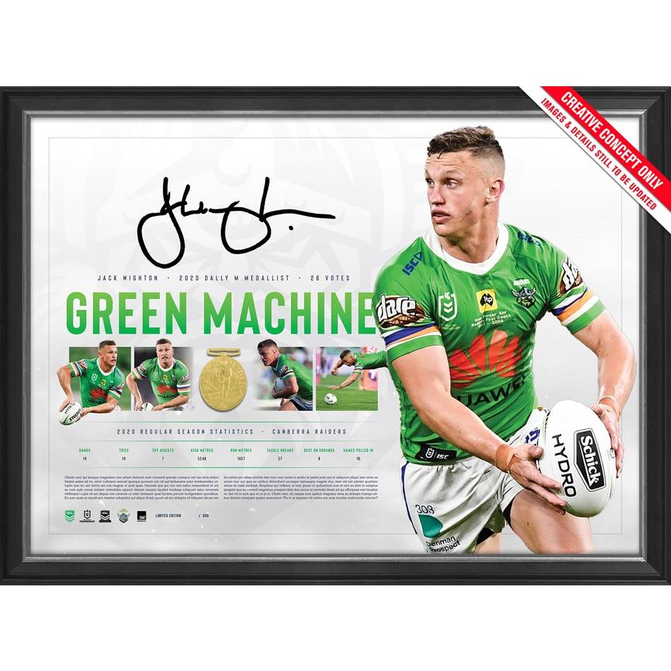 Jack Wighton Signed Canberra Raiders 2020 Dally M Official Nrl Print Framed - 4554