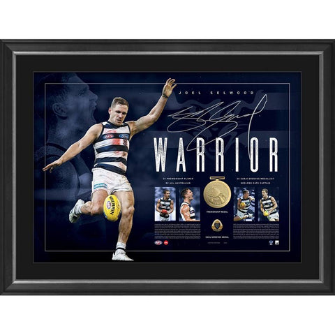 Joel Selwood Signed Official Afl Geelong ‘warrior’ Lithograph Framed 300 Games With Medals - 4433