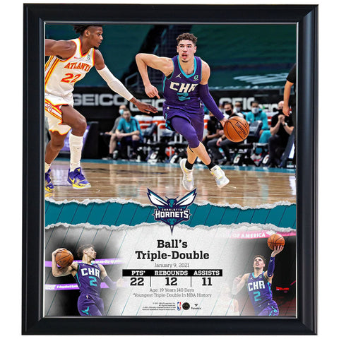 LaMelo Ball Charlotte Hornets Framed 15" x 17" Youngest Player Triple Double Collage Official Fanatics - 4609