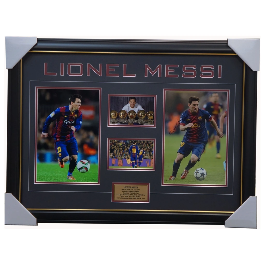 Lionel Messi Hand Signed Barcelona Photo Collage With Plaque Framed + Coa - 2257
