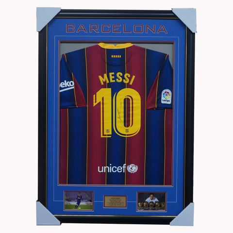 Lionel Messi Signed Barcelona Jersey Framed With Photos + COA - 2616