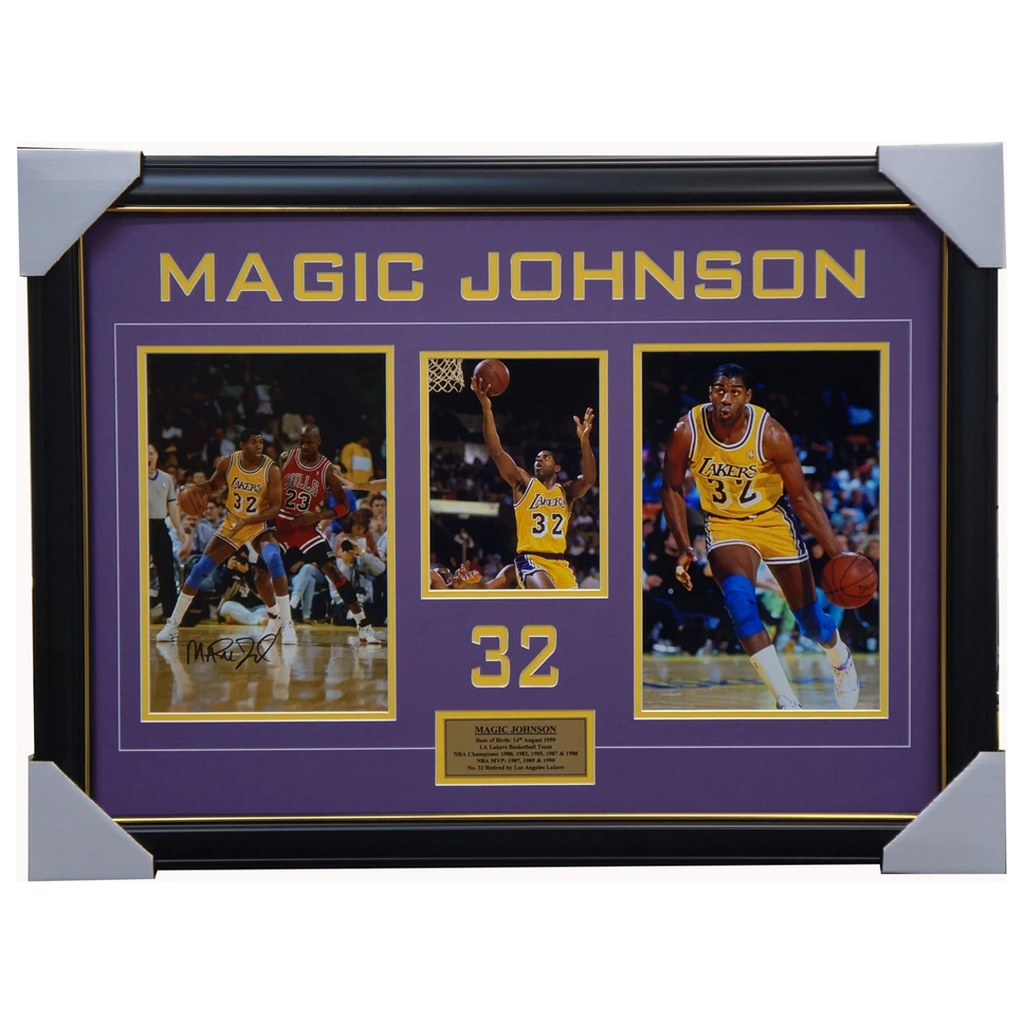 Magic Johnson Signed Los Angeles Lakers Nba Photo Collage Framed - 2670