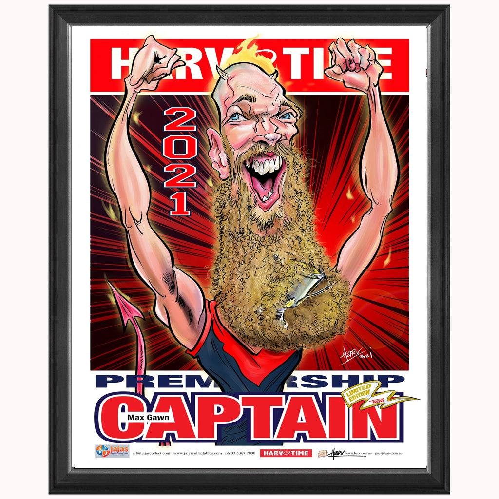 Max Gawn 2021 AFL Premiership Captain Melbourne Harv Time L/E Print Framed - 4901