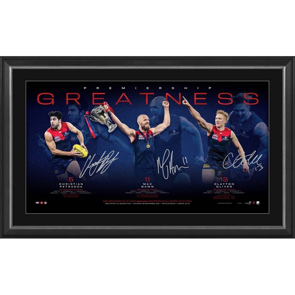 Melbourne 2021 AFL Premiers Greatness Official Triple Signed Lithograph Petracca Oliver & Gawn - 4892